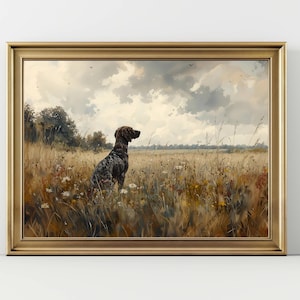 May include: A framed print of a dog in a field. The dog is brown and black, sitting in tall grass with wildflowers. The background features a cloudy sky and trees, with a gold-colored frame.