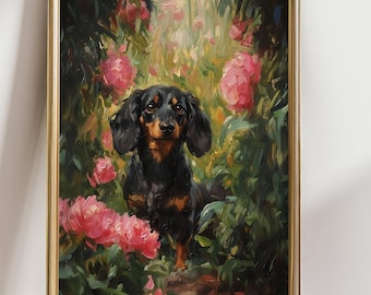 Floral Dachshund Wall Art, Black Dog Pink Flowers Print, Cottagecore Pet Portrait Poster