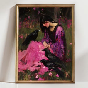 Gothic Girl with Ravens Wall Art Print, Dark Fantasy Painting, Witchy Crow Artwork, Mystical Gothic Home Decor