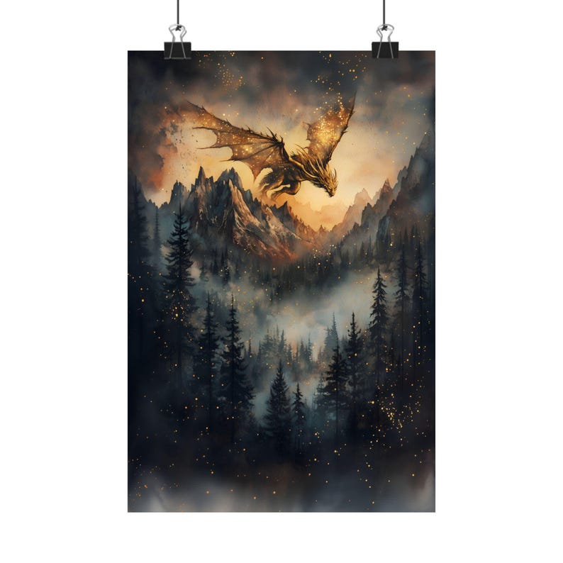 Golden Dragon Wall Art | Fantasy Forest Dragon Print | Mystical Creature Home Decor, fire dragon print, dnd wall art, golden dragon poster image 5