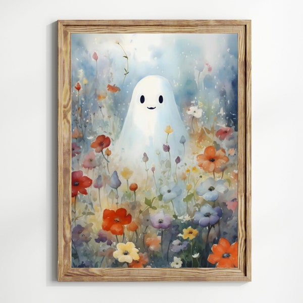 Wild Flowers and Ghosts Painting, Cottagecore Wildflowers Ghost Floral Art Print, Dark Academia, Cute Nursery Poster Home Decor