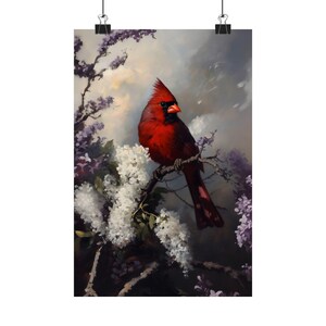Red Cardinal Wall Art, Bird Painting Print, Spring Floral Nature Decor image 5