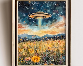 UFO Surreal Art Print,Wildflower Meadow, Eclectic Wall Art,  Floral Cottagecore Landscape Funny Altered Art Print UFO Wall Alien Art Print