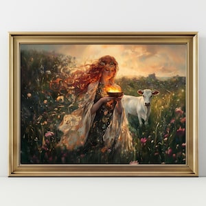 May include: A framed art print depicts a woman with flowing red hair holding a bowl of fire in a field of flowers. A white cow stands nearby. The artwork has a golden frame and a warm, ethereal color palette.