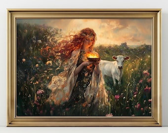 Puede incluir: Una impresión artística enmarcada representa a una mujer con cabello rojo sosteniendo un cuenco de fuego en un campo de flores. Una vaca blanca está cerca. La obra de arte tiene un marco dorado y una paleta de colores cálidos.