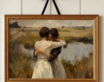 May include: A framed painting depicting two figures embracing in a field, with a gold ornate frame. The artwork features a muted color palette of greens, browns, and blues, with a black ribbon for hanging.