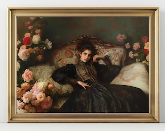 May include: A framed painting depicts a woman in a black dress reclining on a patterned sofa. The artwork features a gold frame and is surrounded by bouquets of pink and red flowers, creating a romantic and elegant scene.