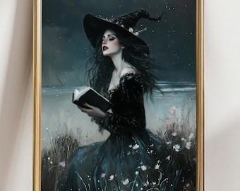 Witchy Matte Vertical Art Print, Gothic Witch Wall Art, Dark Academia Decor, Occult Fantasy Painting Witch Holding Book Moody Vintage Poster