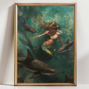 Swimming with sharks Mermaid Sirene Art, Vintage Mermaid painting print, Mythological fairycore decor Magical wall art Mermaidcore ocean art