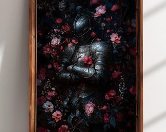 Medieval Knight Floral Art Print, Knightcore Fantasy Art, Fantasy Maximalist Decor, Dark Academia Print, Goth Moody Victorian Wall Art