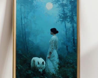 Mystical Woman and White Wolf Art Print, Enchanted Forest Wall Art Moonlit Fantasy Painting, Ethereal Blue Aesthetic Decor, Woodland Goddess