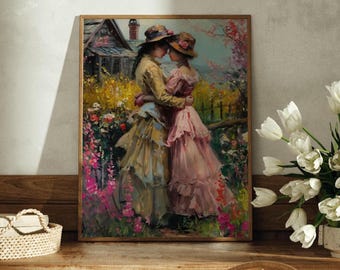 Lesbian Lovers Painting: Vintage Romantic Women in Garden