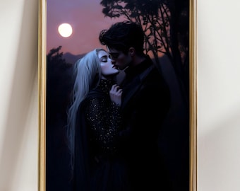 Gothic Moonlit Lovers Art Print • Dark Romance Wall Art • Vampire Aesthetic Poster • Enchanted Night Couple Painting • Gothic Home Decor