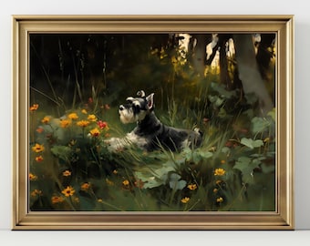 Set of 5 Schnauzer in Flower Garden Art Print: Gustav Klimt Dog