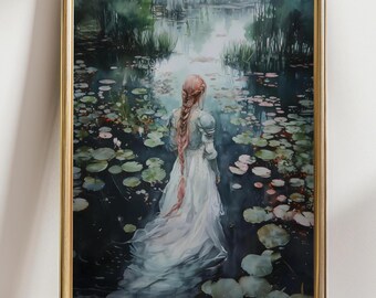 Woman in Lily Pond Wall Art, Dreamy Fantasy Woman Painting, Mystical Water Garden Artwork, Romantic Feminine Decor
