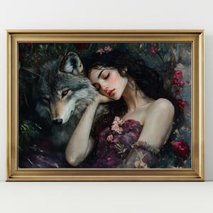Wolf and Woman Art Print - Fantasy Romance Wall Decor, Feminine Wild Nature Painting, Mystical Animal Poster