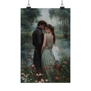 A painting depicting a couple embracing in a lush, green garden setting with flowers and water.