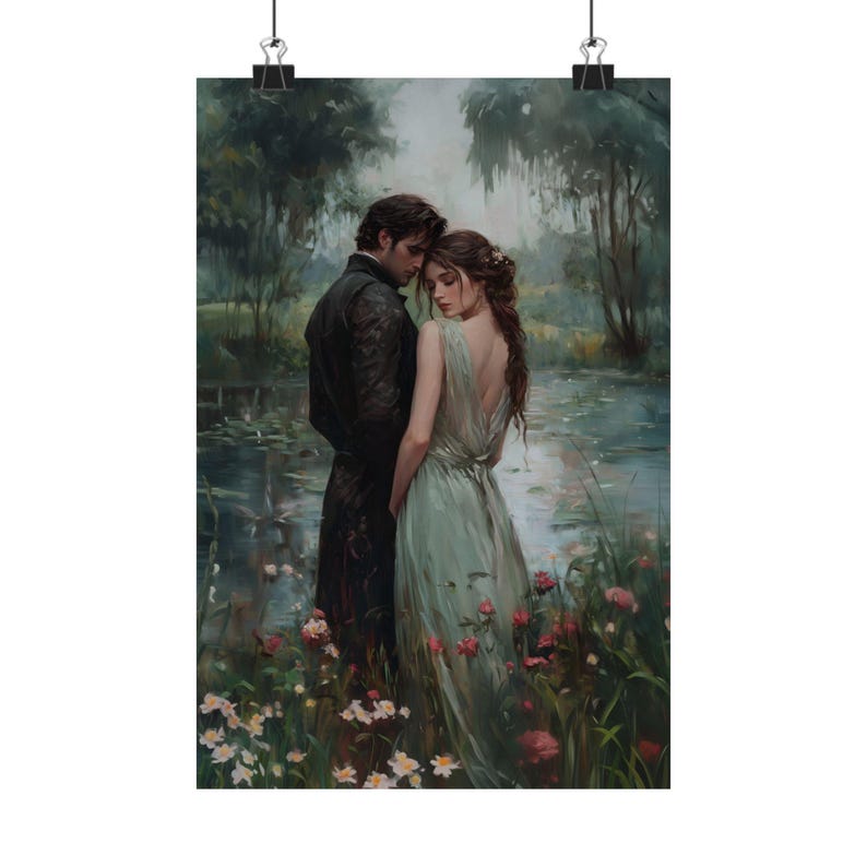 A painting depicting a couple embracing in a lush, green garden setting with flowers and water.