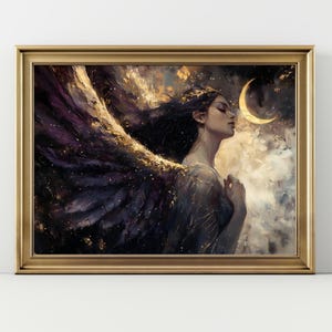 Crescent Moon Nyx Goddess Art Print Purple Wall Art, Celestial Woman Fantasy Poster, Ethereal Dreamy Goddess Decor, Mystical Night Sky Art