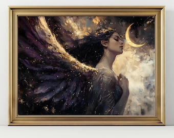 Dark Angel Gold Wings Crescent Moon Print, Mystical Feminine Wall Art, Dark Fantasy Celestial Decor, Gothic Angel Poster