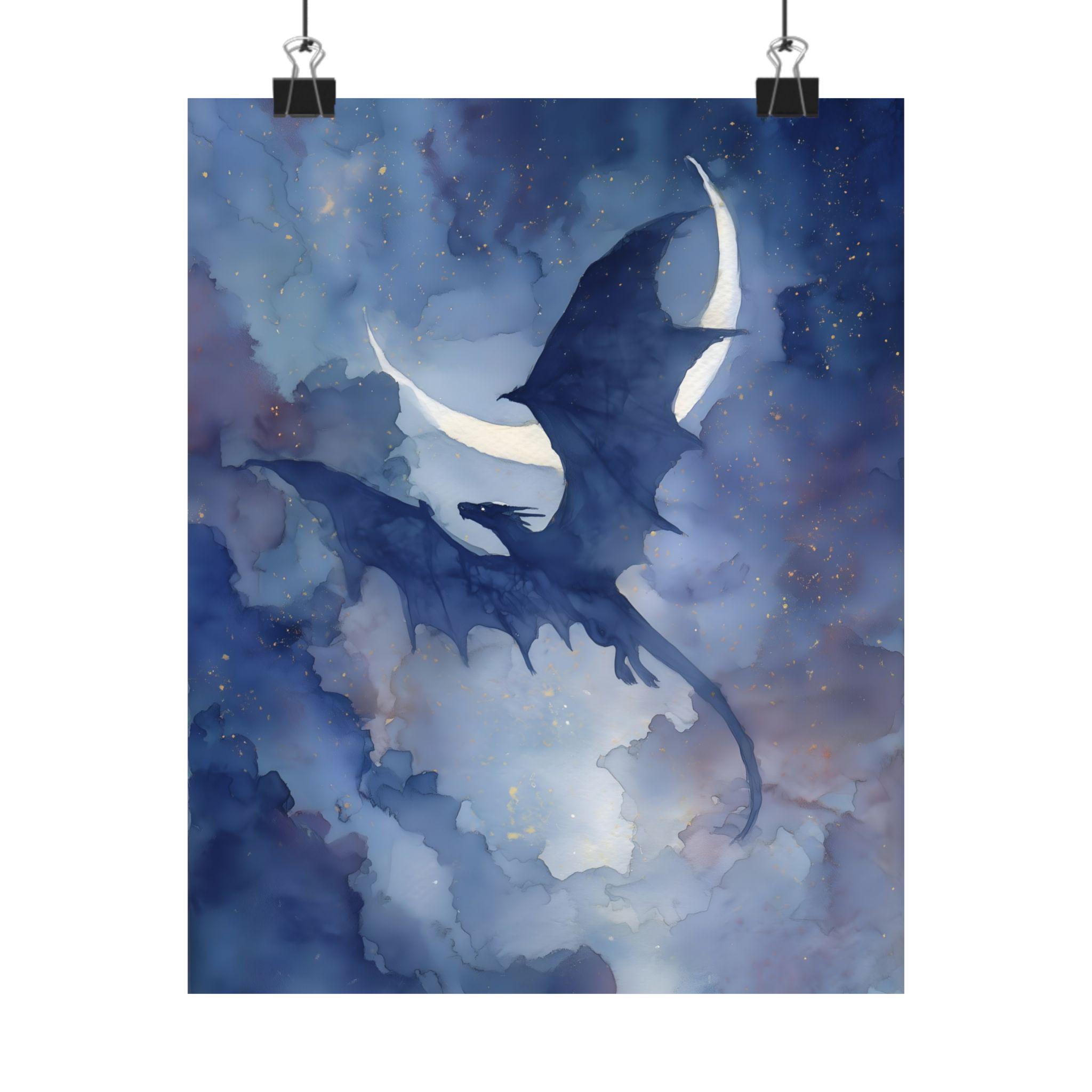Celestial Dragon Art Print Night Sky Fantasy Wall Decor With Moon Wings ...