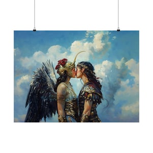May include: Two figures in golden armor and a feathered headdress kiss against a blue sky with white clouds. The figure on the left has wings.