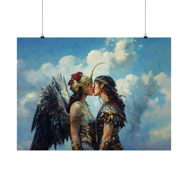 May include: Two figures in golden armor and a feathered headdress kiss against a blue sky with white clouds. The figure on the left has wings.