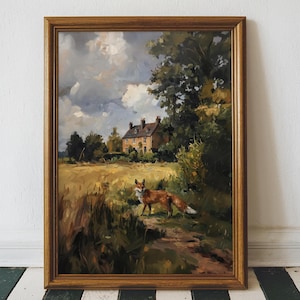 May include: Oil painting in a gold frame depicts a rural landscape with a fox. The artwork features a house, trees, and a field under a cloudy sky. The fox stands on a path, adding a touch of wildlife to the scene.