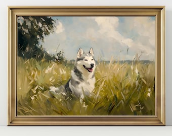 Siberian Husky Wall Art, Field Dog Painting Print, Rustic Pet Portrait Poster