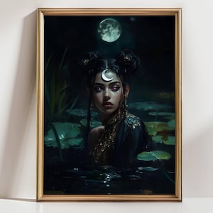 Moon Goddess Wall Art – Dark Fantasy Witch Print, Mystical Woman Under Full Moon, Celestial Feminine Portrait, Gothic Decor