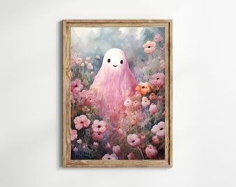 Cute Pink Ghost and Flowers Painting, Fairycore Wildflowers Ghost Floral Art Print, Dark Academia, Cute Nursery Poster Home Decor