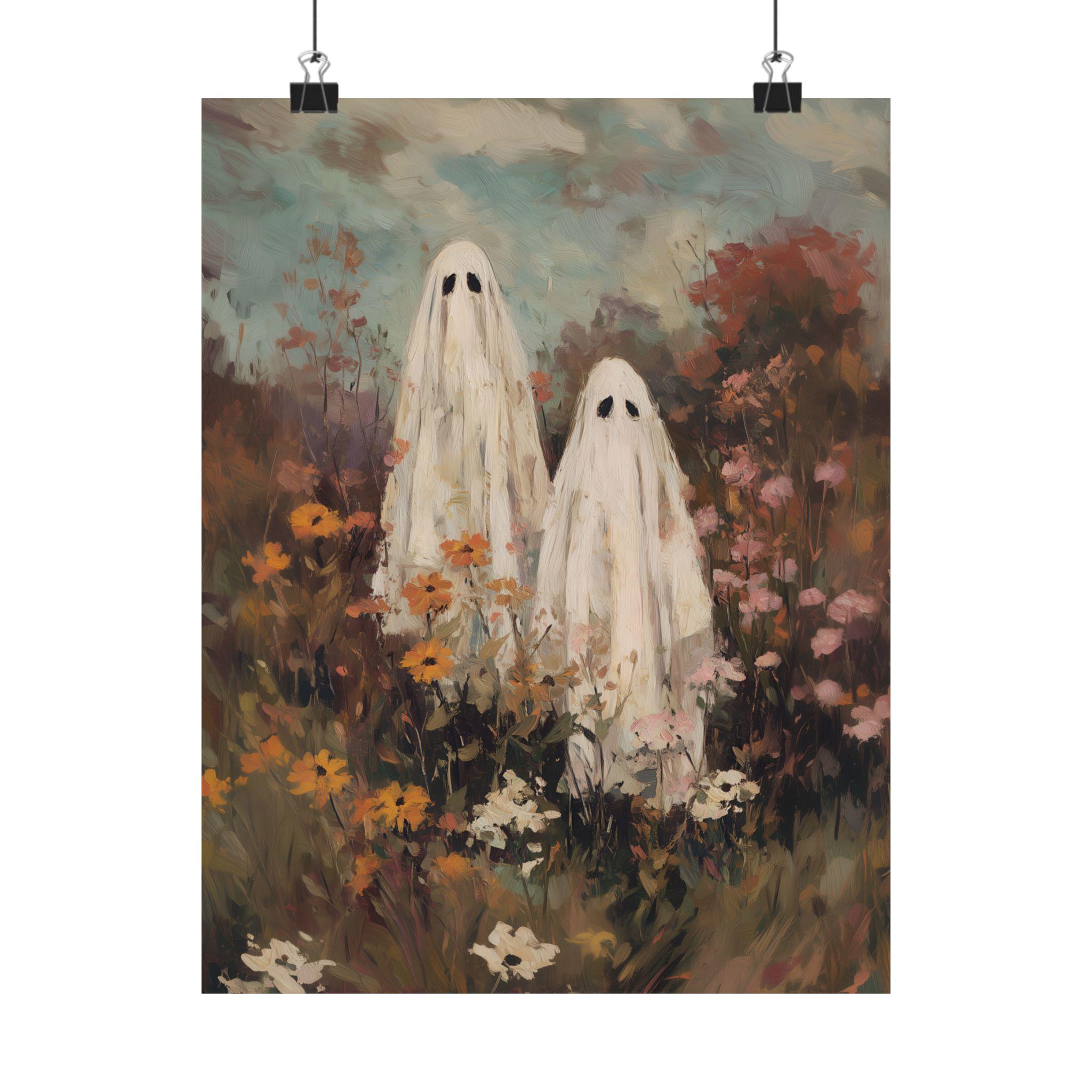 Ghosts in Wildflower Field Art Print - Whimsical Halloween Wall Decor ...