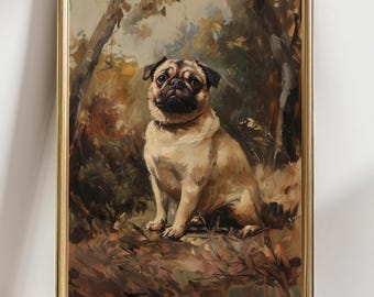 Pug Art Print, Whimsical Dog Portrait Wall Art, Rustic Pet Lover Gift, Vintage Dog Painting, Cozy Animal Home Decor