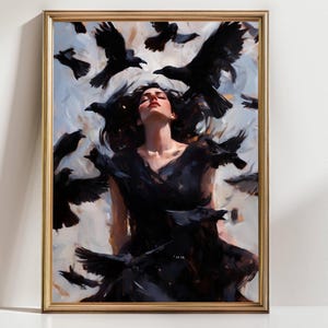 Raven Witch Wall Art Print | Gothic Woman with Crows Painting | Dark Feminine Energy Decor | Witchy Gothic Crow Art Print