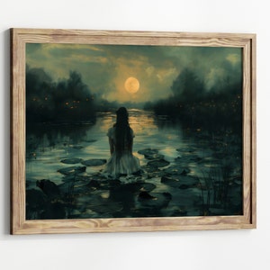 Dark Academia Gothic Print - Ophelia in Lake Art - Moody Victorian Wall Art - Dark Cottagecore Decor - Goth Aesthetic Gothic Prints painting