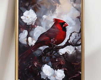 Red Cardinal Bird Wall Art, Elegant Floral Bird Print, Vintage Botanical Painting, Romantic Nature Decor, Cottagecore Wall Art