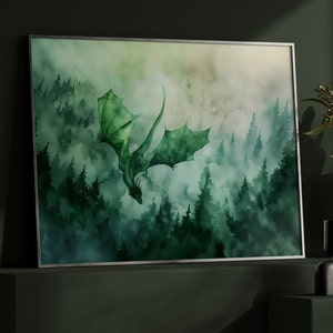 Forest Dragon Watercolor Art Horizontal Poster Print fantasy art forest and a dragon Fantasy Painting, Watercolor illustration Dark Academia