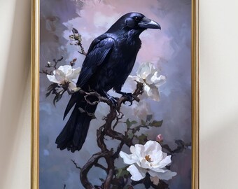 Raven and White Flowers Wall Art Print | Gothic Nature Decor | Dark Romantic Bird Painting | Mystical Raven Floral Artwork