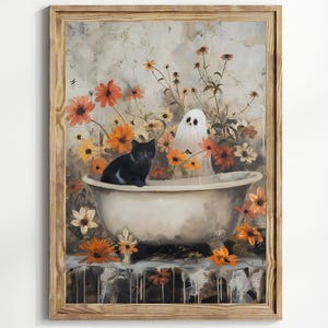 Ghost and black Cat in Bathtub, Spooky Romantic Halloween Art, Black Cat Print, Whimsigoth Bathroom Decor Light Academia Wildflowers Print