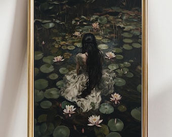 Water Lily Pond Woman Wall Art, Serene Nature Goddess Print, Floral Lake Scene Painting, Romantic Boho Decor