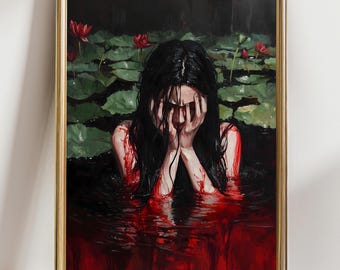 Bloody Pond Painting Dark Gothic Home Decor, Dark Academia Art, Spooky Moody Victorian Wall Art, dark occult decor, gothic decor painting