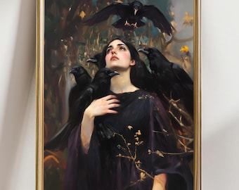 Dark Raven Woman Wall Art, Gothic Crow Portrait Print, Dark Academia Raven Painting, Moody Gothic Decor
