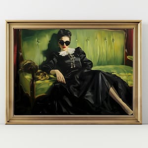 Decadent Young Woman sitting on a green couch Horizontal art Print, Dark Academia, Victorian Home Decor Dark Art Wallart painting