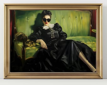 Decadent Young Woman sitting on a green couch Horizontal art Print, Dark Academia, Victorian Home Decor Dark Art Wallart painting