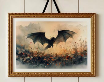 Dark Dragon in Wildflower Field Art Print, Fantasy Dragon Wall Art, Moody Gothic Decor, Dark Academia Dragon Painting, Mythical Home Print
