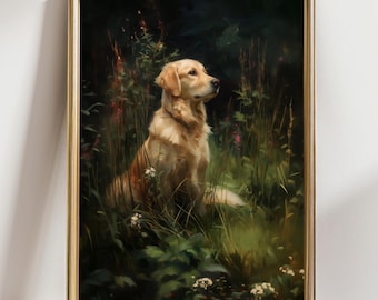 Golden Retriever Art Print – Dog Wall Art, Golden Retriever Painting, Pet Lover Gift, Floral Meadow Dog Portrait, Cozy Home Decor