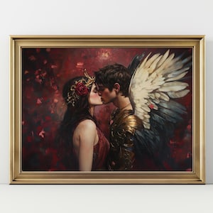 May include: A painting of a couple kissing. The woman is wearing a crown of flowers and a red dress. The man has wings and is wearing armor. The background is a dark red with a pattern of flowers.