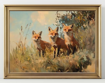 Fox Family Wall Art – Trio of Red Foxes in Meadow Print, Woodland Animal Painting, Rustic Wildlife Home Decor