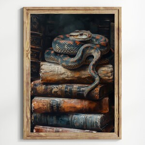 May include: A framed print featuring a detailed painting of a snake coiled atop a stack of antique books. The snake has a patterned skin of blue, orange, and black. The books are aged with visible wear and tear, adding to the vintage aesthetic.
