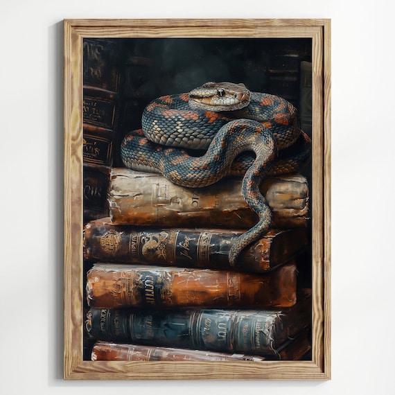 Snake on Antique Books Art Print, Dark Academia Wall Decor, Vintage Library Aesthetic, Moody Serpent Painting, Gothic Study Artwork